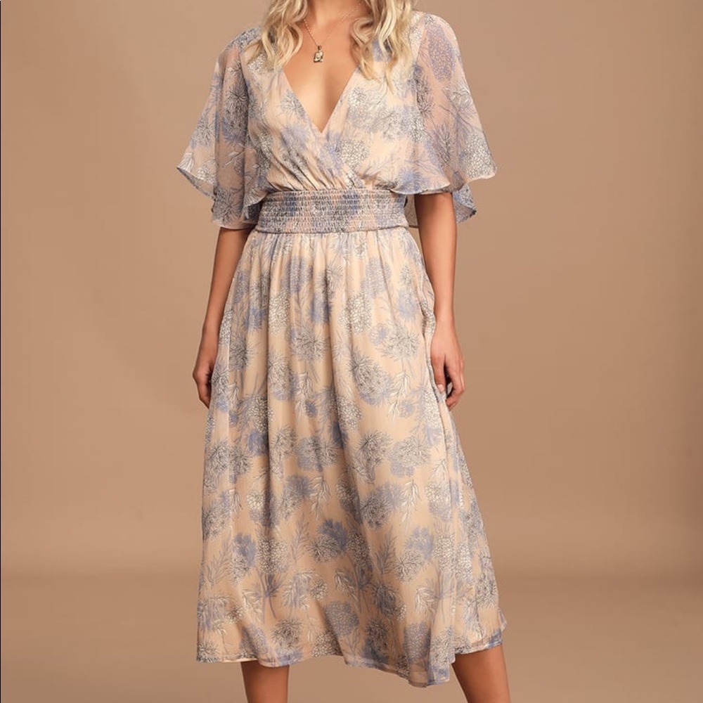 Lulus NWT Subtle Romance Beige Floral Print Ruffled Midi Dress
